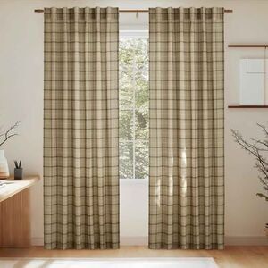Linen Plaid Curtains 96 in L, Light Filtering, beige brown grid pattern 2 panels